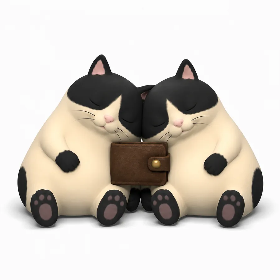 Both cats asleep with the wallet between them