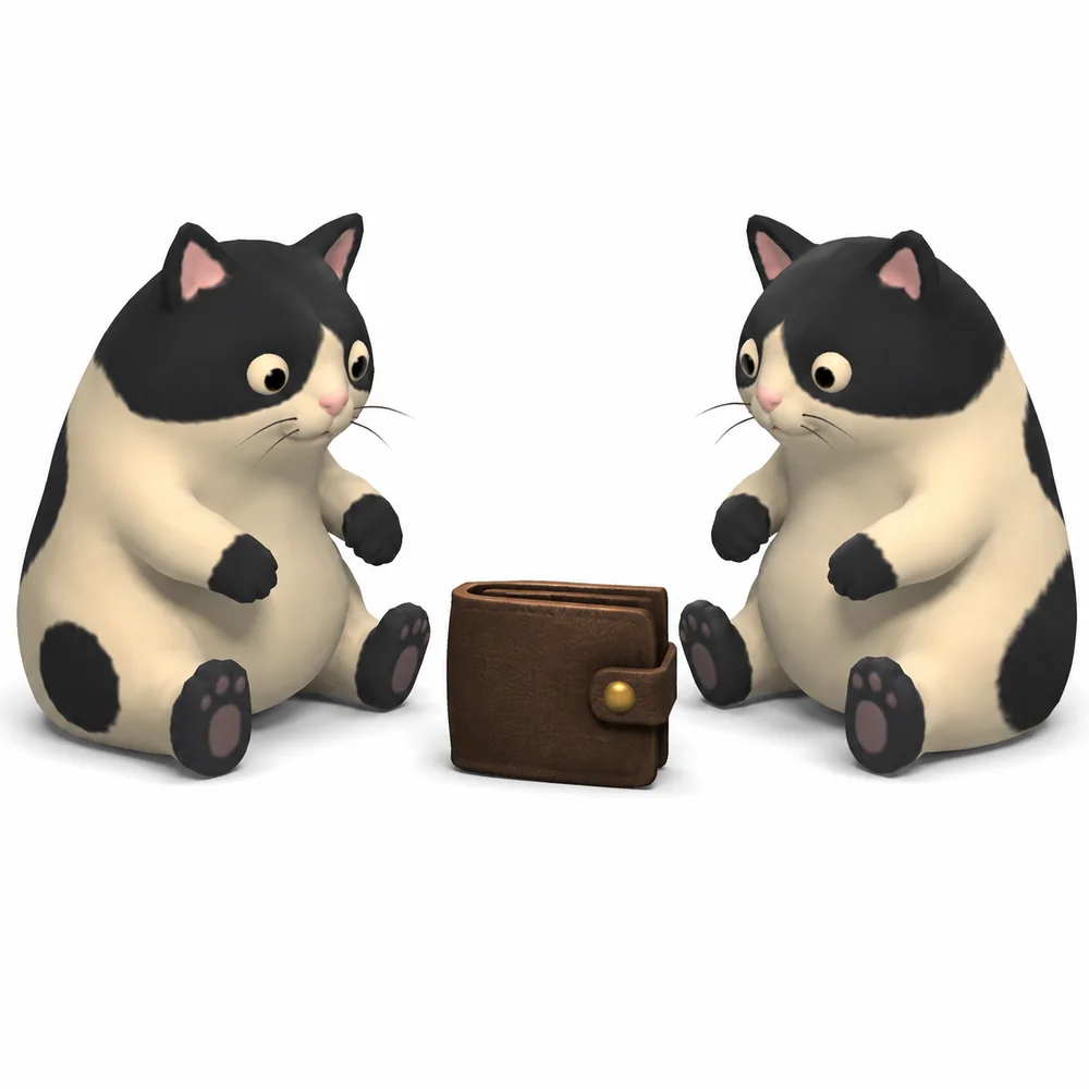 The two cats sitting with the wallet between them