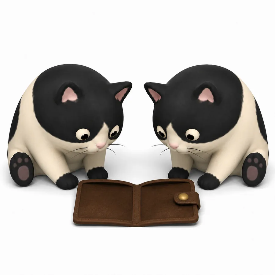 Both cats looking into the empty wallet