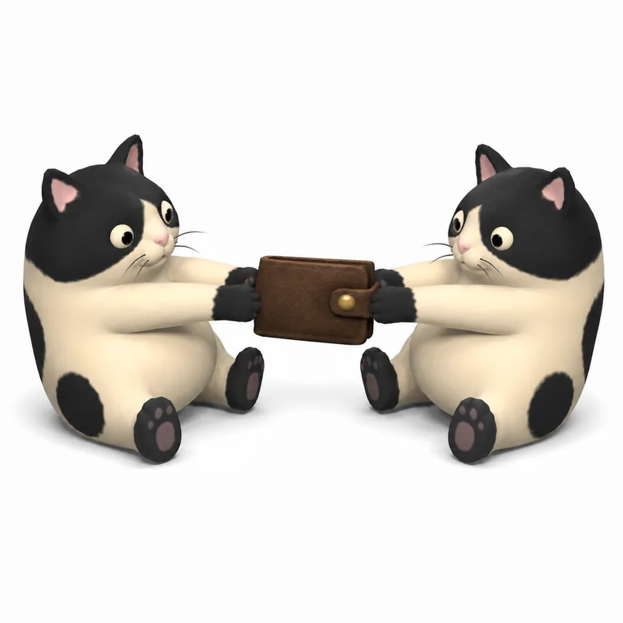Both cats pulling the wallet